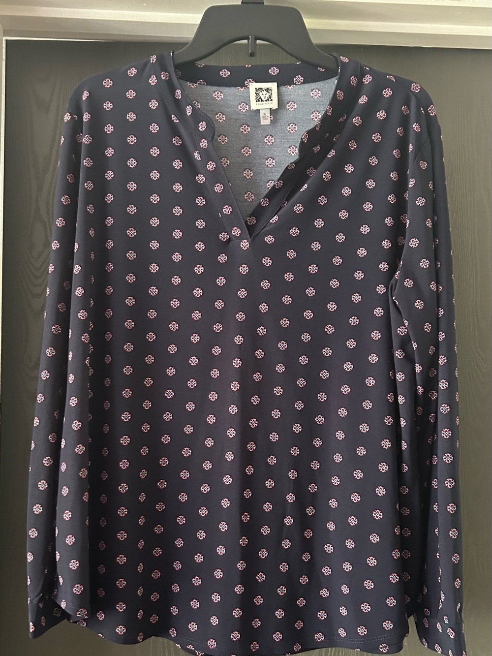 Anne Klein Navy V-Neck Long Sleeve Top with Pink Floral Dot